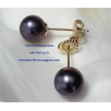 Black Chocolate Pearl Stud Earrings14kG:ต่างหูไข่มุกเม็ดเดี่ยวสีดำโทนช้อคโกเลต 7มม.(ตัวเรือนทองแท้)