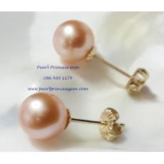 Orange Pearl Stud Earrings14kG:ต่างหูไข่มุกเม็ดเดี่ยวสีส้ม 8-8.5 มม.(ตัวเรือนทองแท้)