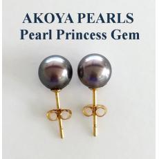 Black Akoya Pearl Stud Earrings 14kG: ต่างหูอะโกย่าสีดำเหลือบเขียวหางนกยูง 7.5มม.(ตัวเรือนทองแท้)